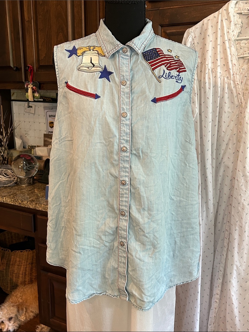 Ariat Sz XL Light Wash Sleeveless Denim Shirt with Patriotic Embroidery